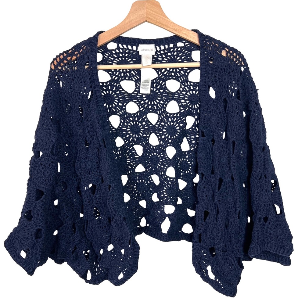 Chicos Navy Blue Crochet Medallion Shrug Cardigan Cotton Open Front Size 3 XL